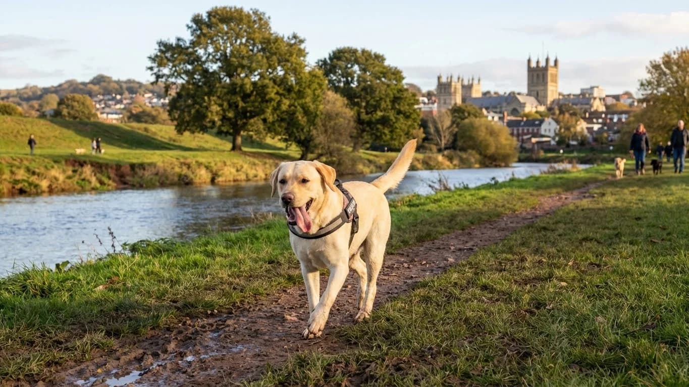 Happy Labrador enjoying a walk through Riverside Valley Park in Exeter