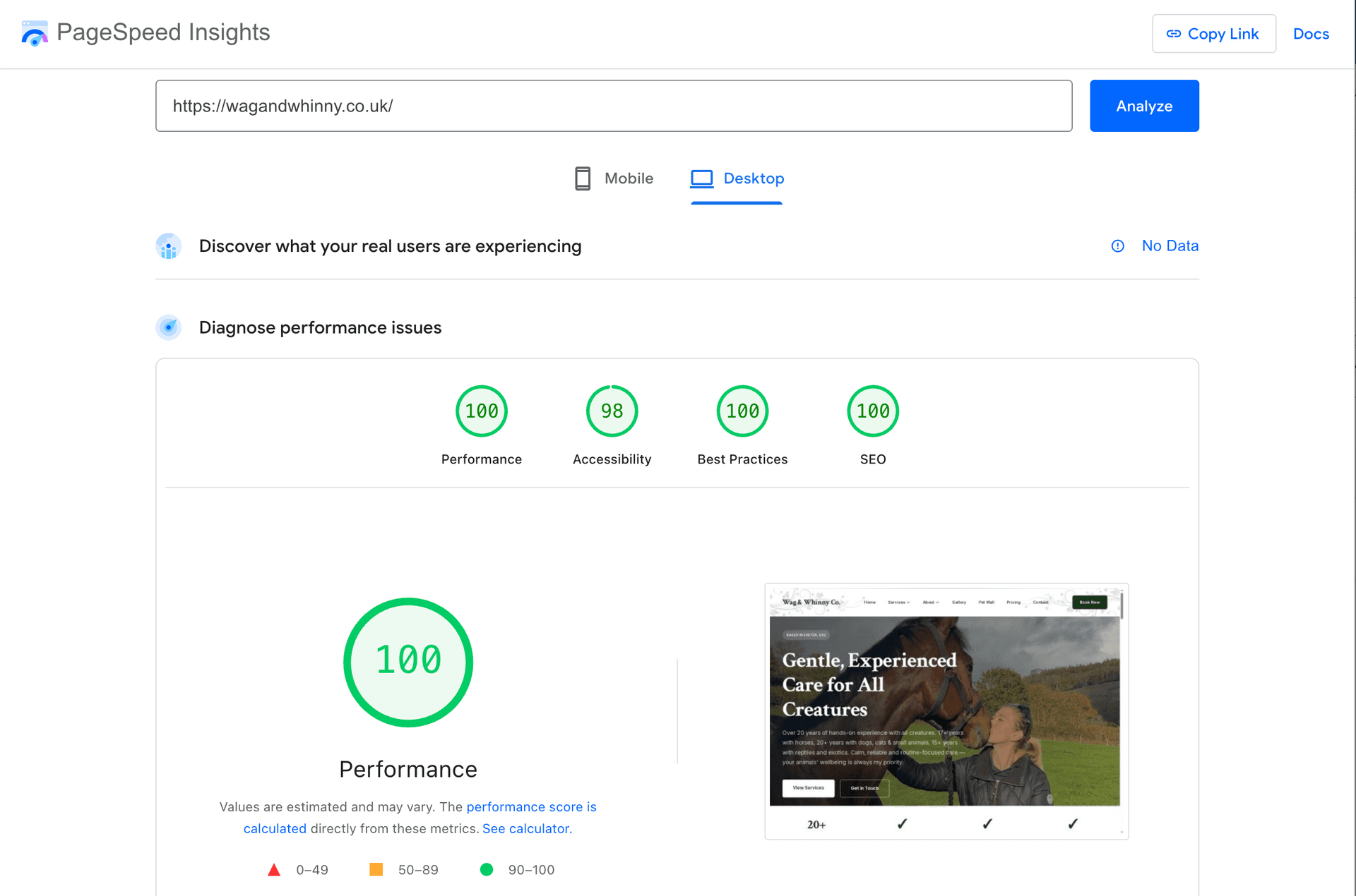 Google PageSpeed Insights Desktop Score - 100 Performance, 98 Accessibility, 100 Best Practices, 100 SEO