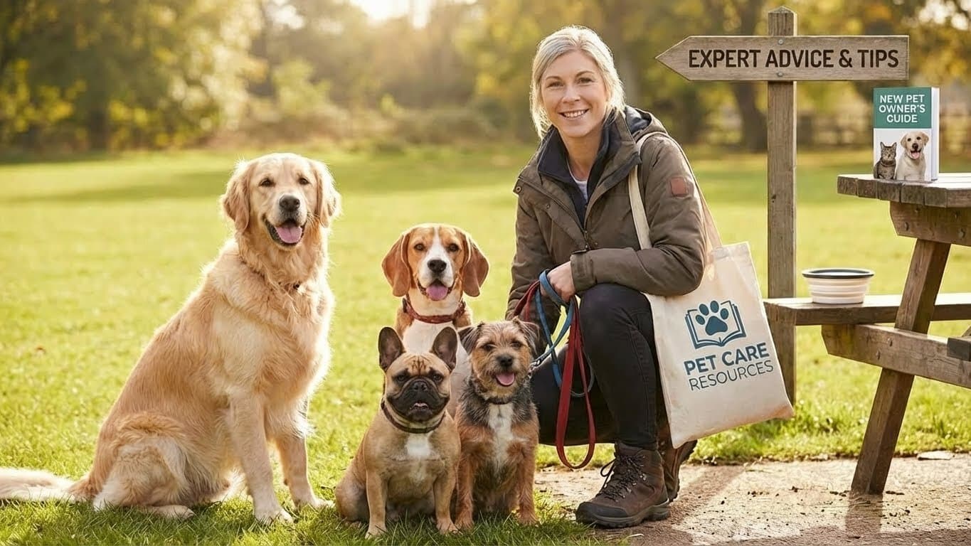 Dog walker with a group of happy dogs in a park, ready to share expert pet care advice